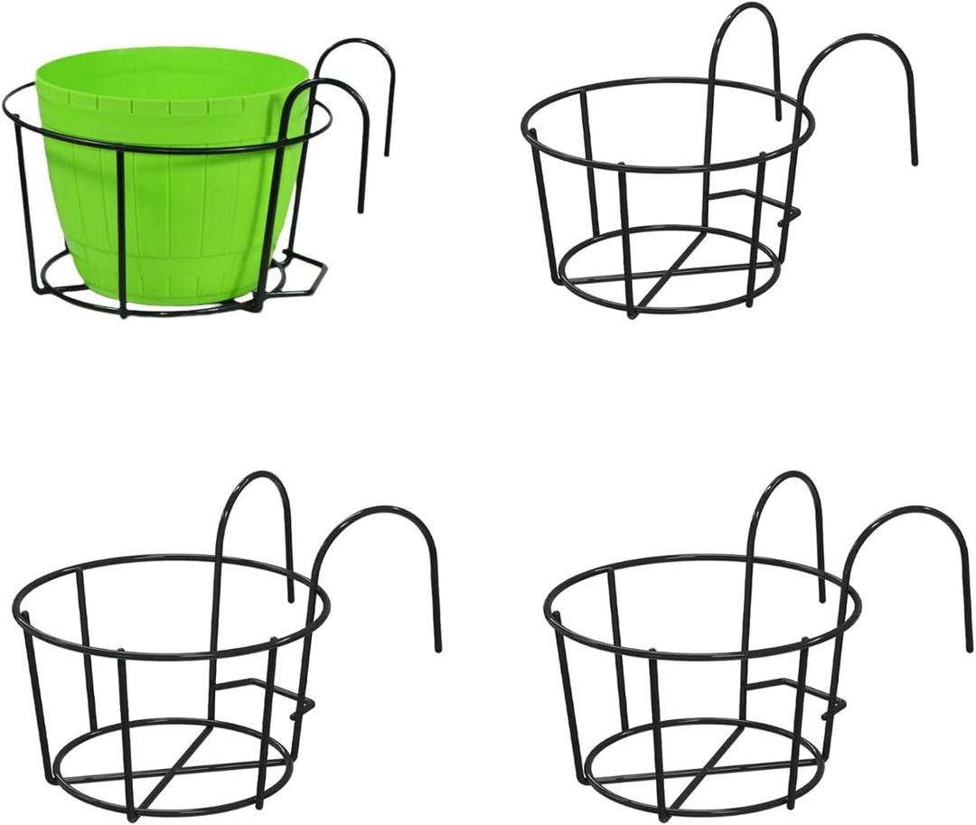 4 Pack Hanging Planters for Balcony  Round Metal Flower Pots with Railing Hook, Outdoor Hanging Basket for Fence, Patio, or Garden (Black)