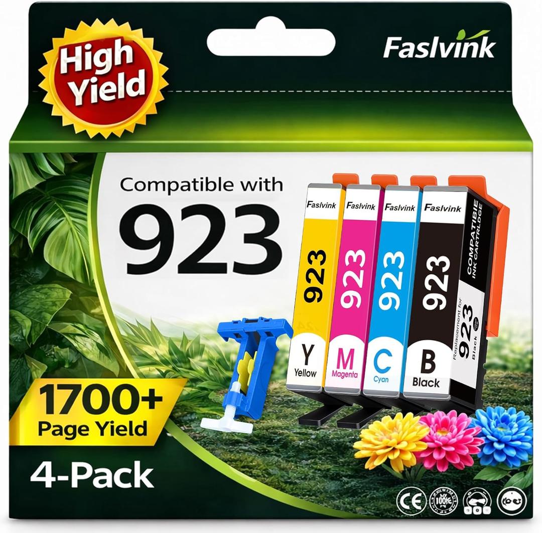 923 Ink Cartridges for HP Printers Compatible HP 923 Ink Cartridges No Chip 4-Pack for HP OfficeJet Pro 8130e 8125e 8135e 8138e 8120e 8132e (Black Cyan Magenta Yellow)