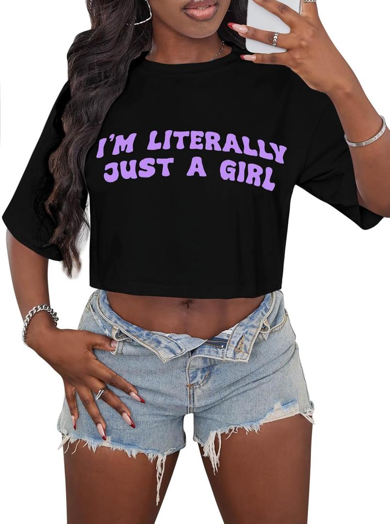 LovelyWholesale Baby Tee for Women Graphic Crop Tops Summer Short Sleeve Tops Black Purple G X-Large