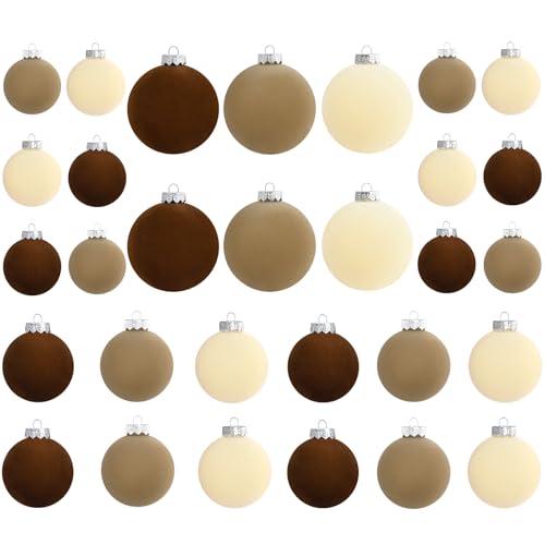 Waipfaru 15Pcs Velvet Christmas Ornaments, Brown Red Neutral, Mixed Sizes (3.9, 3.1, 2.8 Inches), Flocked Texture, Christmas Tree Decor