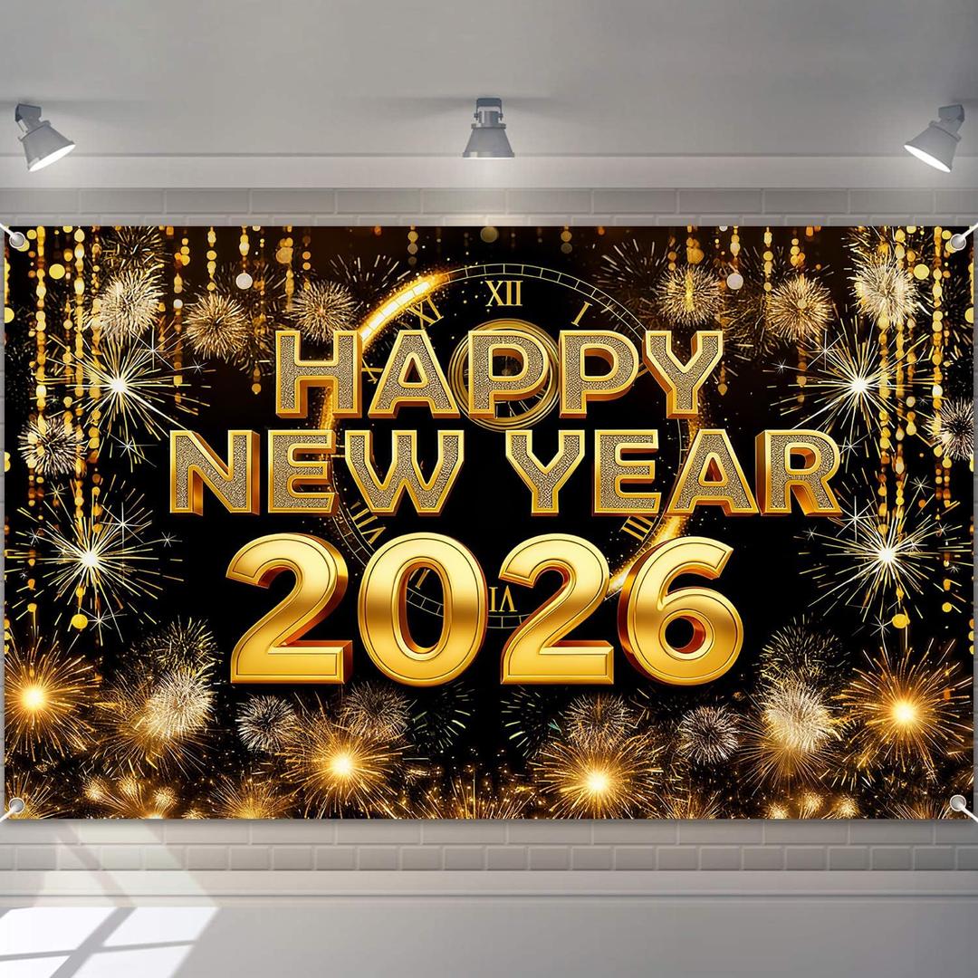 2026 New Years Decorations, 2026 Happy New Year Banner Backdrop, Firework Pattern Banner Sign for 2026 New Year Party Decorations