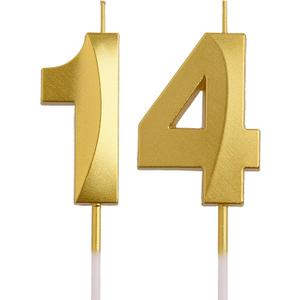 14th Birthday Candles, Gold 3D Number 14 Happy Birthday Candle Cake Topper Decorations for Teenagers Boys Girls