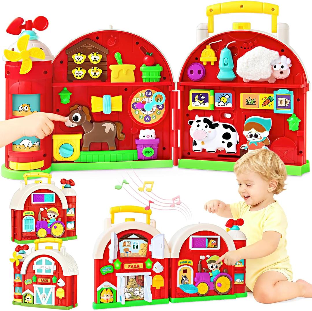 Montessori Farm Busy Board, Motor Skills Developmental Toys for 1 2 Year Old Boy Girl Gifts, Early Educational Toy for Toddlers 1-3, Christmas Birthday Gift for 12-18 Months, Sensory Board Toy for 1+, 9.6 x 3.5 x 9.6 inches