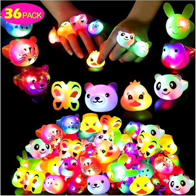 36 Pack Light Up Rings Glow in The Dark Party Supplies, Light up Party Favors, Goodie Bag Stuffers, Birthday Valentines Party Favors Classroom Prizes Cute Animal Treasure Box for Kids
