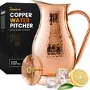 Pure 100% Copper Water Pitcher with Lid - 70 oz Large Copper Jug for Drinking Water - Heavy Duty Handcrafted - Bedside Carafe Vessel Ayurveda Hammered Health Benefits