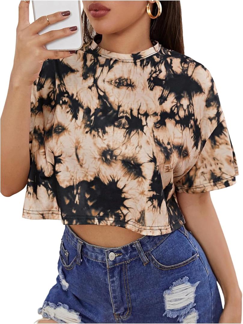 Women's Tie Dye Crop Tops Short Sleeve Crew Neck Cropped T Shirts Streetwear (S)