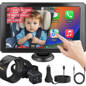 7" HD Touchscreen Baby Car Camera - Car Baby Monitor with Apple CarPlay, 1080p Ultra Night Vision, Invisible Infrared Lights, 150 Wide Angle, Easy Installation, Fits Most Cars