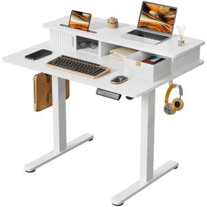 JOY worker Small Electric Standing Desk, 35" x 25" Height Adjustable Desk with Built-in Monitor Stand & Storage Drawer, White Sit Stand Table with 2 Hooks for Home Office