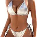 JAZARA Womens Metallic Silver Bikini Set String Triangle Sexy Two Piece Swimsuit Bathing Suit, Small