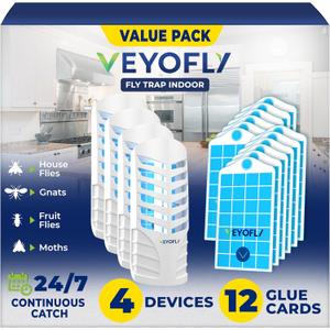 VEYOFLY Fruit Fly Traps for Indoors, Fly Trap Indoor, (4 Device + 12 Refills) Fly Catcher Indoor, Gnat Traps for House Indoor, Fly Trap, Plug in Light Flying Insect Trap, Bug Killer