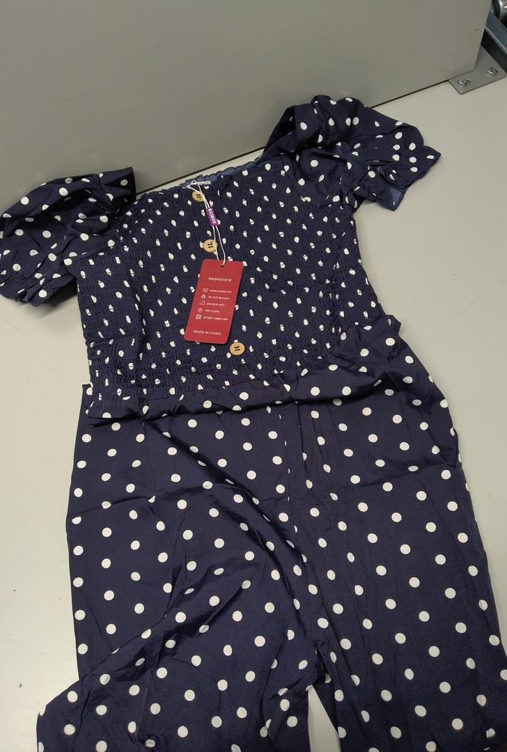 GORLYA Girls Puff Sleeve Casual Button Shirred Jumpsuit Outfits Straight Wide Leg Pant Jumper Rompers 4-14T(GOR1199,12Y,Navy Dot)