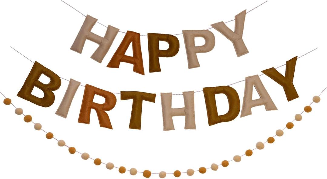 Brown Happy Birthday Banner Felt Ball Garland Pre-Strung Happy Birthday Sign for Party Backdrop Decorations Photo Prop