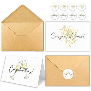 Congratulations Cards with Envelopes, Bulk Pack of 50 and Matching Stickers, Cheers and Fireworks Pattern Minimalistic Design for Graduation, Wedding, Business and Milestone Celebrations