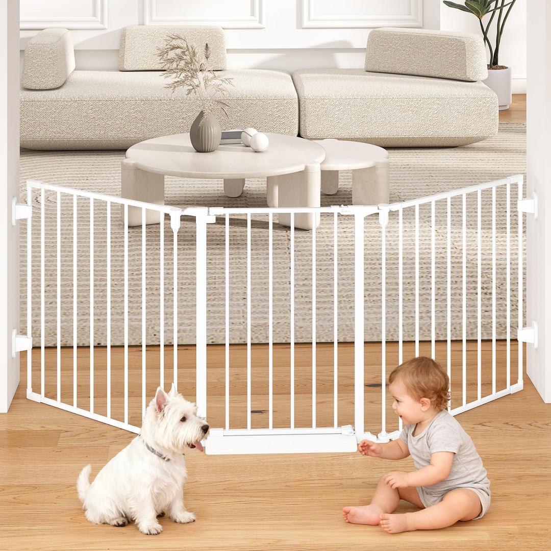 78" Extra Wide Baby Gate, Dog Gates Indoor for Doorways Stairs, Essential Safety Gate for Child, Hardware Mounted Adjustable Pet Gate with Anti-Trip Pedal, 28'' Tall 3 Metal Panels White