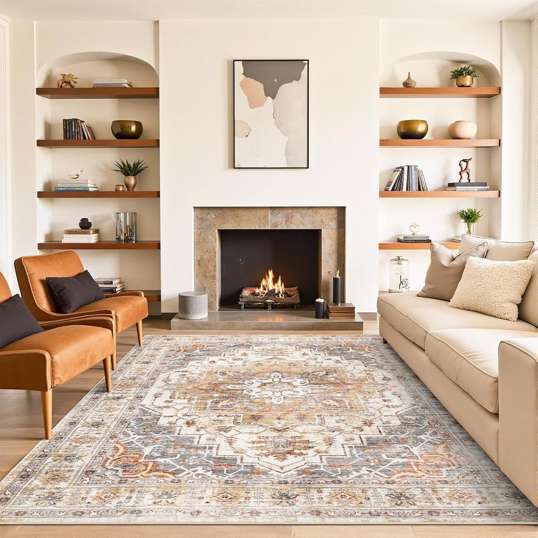 5x7 Area Rugs for Living Room,Stain Resistant Washable Rug,Non-Slip Backing Rugs for Bedroom,Kitchen,Printed Vintage Home Decor Rug (Turmeric/Grey, 5'x7')