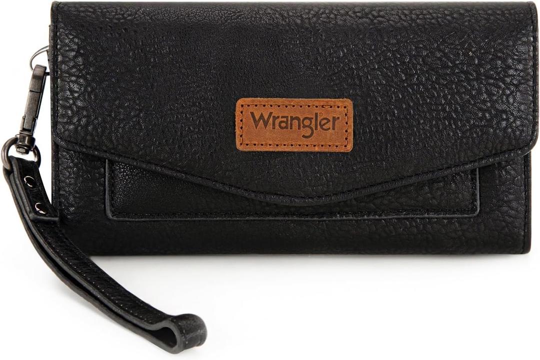 Montana West X Wrangler Black Wallet for Women Large Wristlet Wallet with Rfid Lining Trifold Cash Wallet with Coin Purse and Detachable Wrist Strap