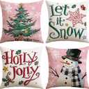 2 x Artscope Christmas Tree Snowman Throw Pillow Covers 16x16 Inch Set of 4, Let It Snow Holly Jolly Winter Hoilday Christmas Decoration Pillow Cases for Home Sofa Couch Decor-Pink