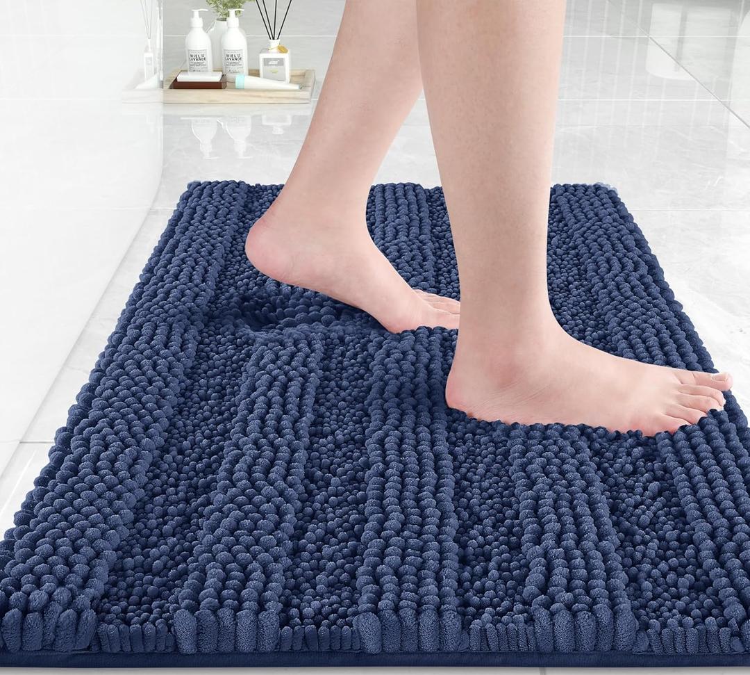 Yimobra Navy Blue Bathroom Rug Mat, Non Slip Quick Dry Bath Mats, Extra Thick and Super Absorbent Bath Rugs, Luxury Microfiber Chenille Plush Fluffy Washable Soft Shower Carpet for Floor, 24" x 17"