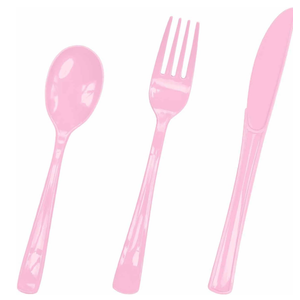 HEIPINIUYE 75 Pack Light Pink Clear Plastic Cutlery Heavy Duty Clear Pink Plastic Knives Forks and Spoons Disposable Silverware Set for 25 Guest Camping Birthday Baby Shower Party Utensil Set
