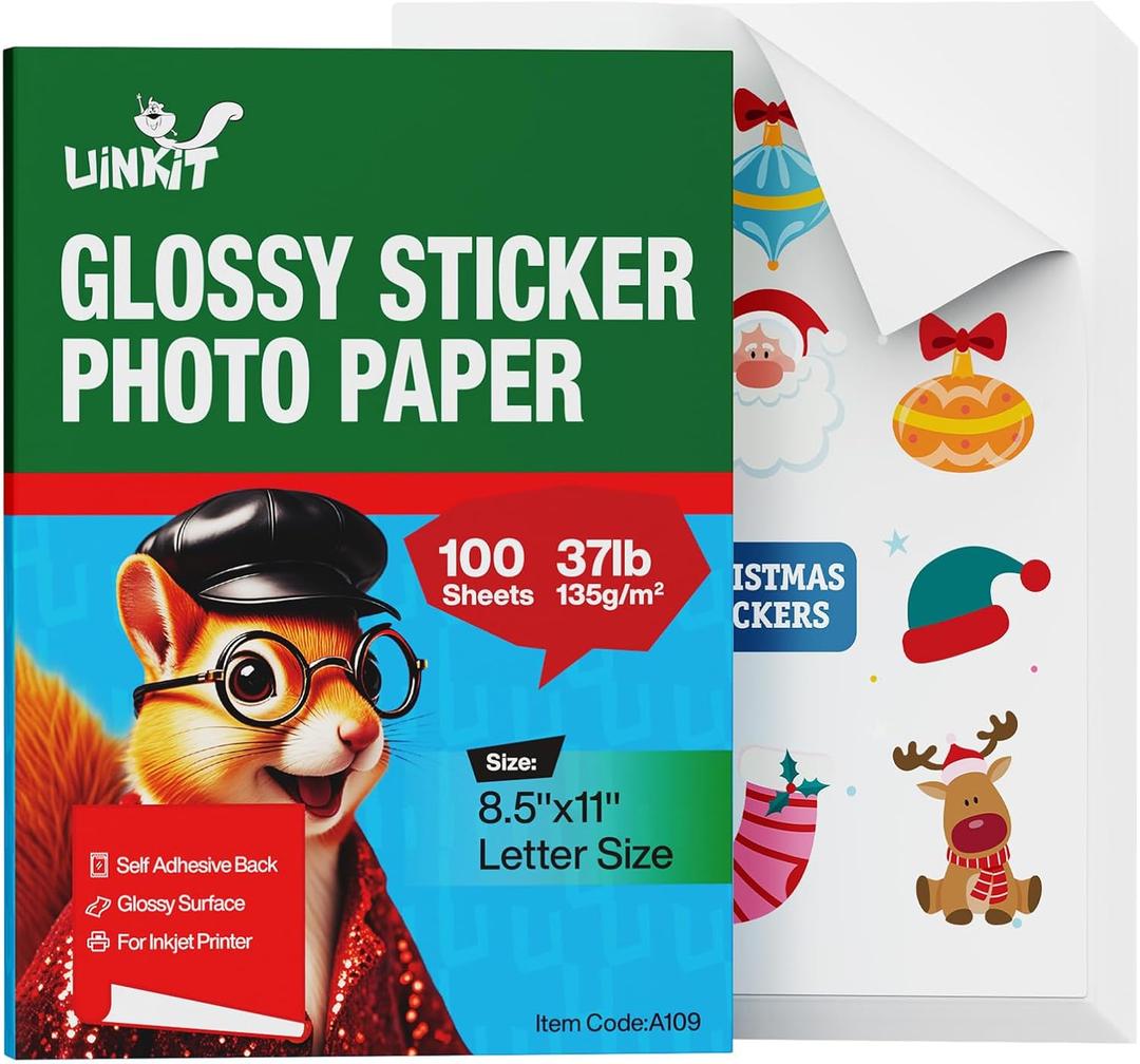 Uinkit 100 Sheets Printable Glossy Sticker Photo Paper 8.5x11 Full Sheet Inkjet Self Adhesive Photo Paper Label For for Scrapbooking, Brand Logo, Party Decor Stickers Letter Size