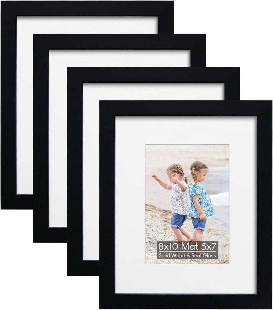 8x10 Wooden Picture Frame Set of 4 (with 5x7 Mat), Solid Wood with Real HD Glass, for Tabletop or Wall Mount, Home Office Photo Frames Collage Wall Dcor, Black