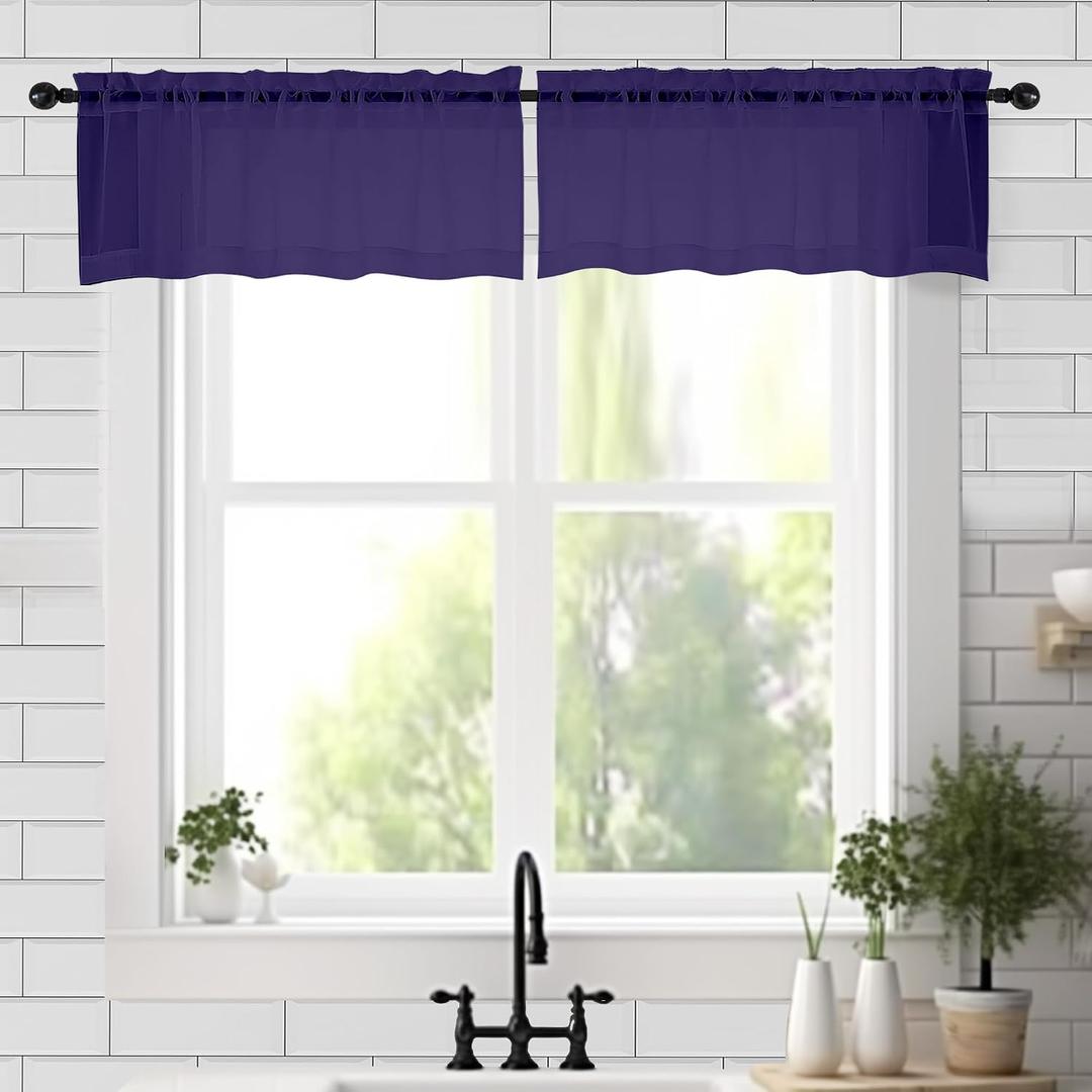 2 x Chyhomenyc Sheer Valances for Windows 2 Pack, Small Window Curtains for Living Room Bathroom Cafe Laundry Basement, Modern Top Dual Rod Pocket Voile Curtain, 42W x 18L inches, Purple