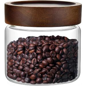 17 Fl oz/500 ml Glass Food Storage Jar, Premium Clear Glass Container Jar with Airtight Screw-on Wooden Lid, Kitchen Canisters for Coffee,Tea,Pasta,Cookies, Nuts,Spice,Candy,Overnight OatmealSmall)