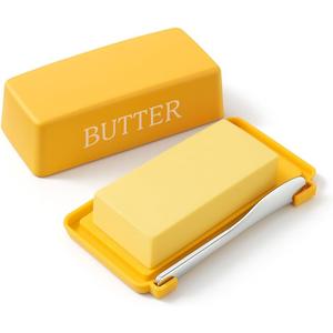 Butter Tray With Cover And Knife,Food Grade Plastic Butter Dishes With Lid And Stainless Steel Cheese Knife For Countertop,Yellow Cheese Storage Container