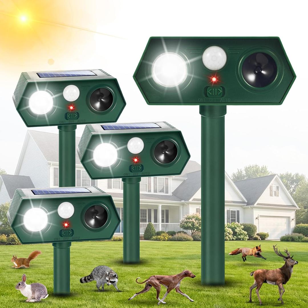 2026 Upgraded Solar Ultrasonic Animal Repeller Deer Repellent Devices with Motion Sensor & LED Flashinglight Cat Deterrent Outdoor to Keep Away Squirrel Rabbit Raccoon Dog for Garden, Yard 4 Pack