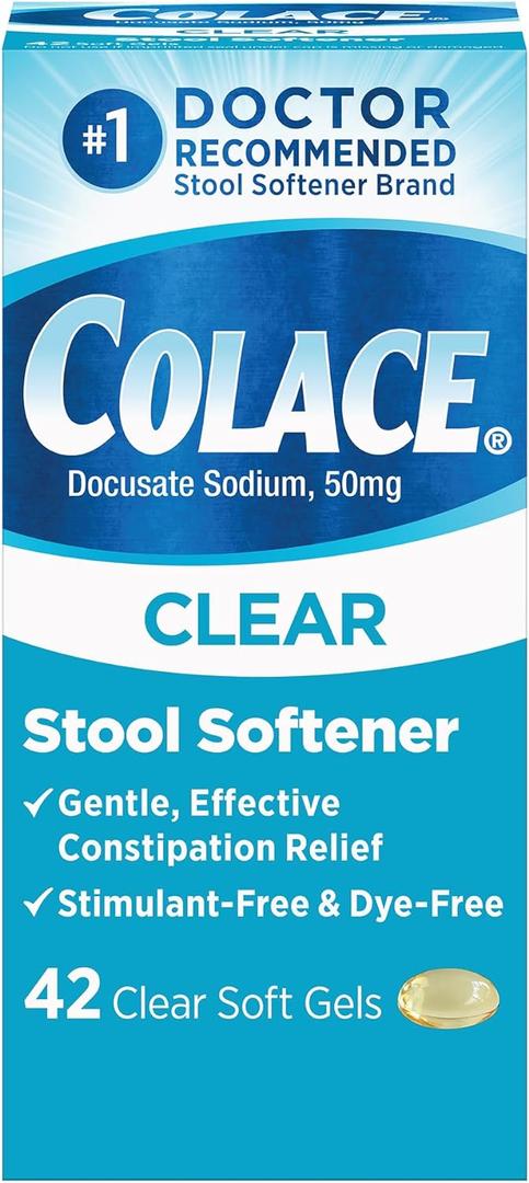 Colace Clear Stool Softener for Gentle Effective Constipation Relief, #1 Doctor Recommended Stool Softener Brand, Dye Free, 50 mg Docusate Capsules, 42 Count