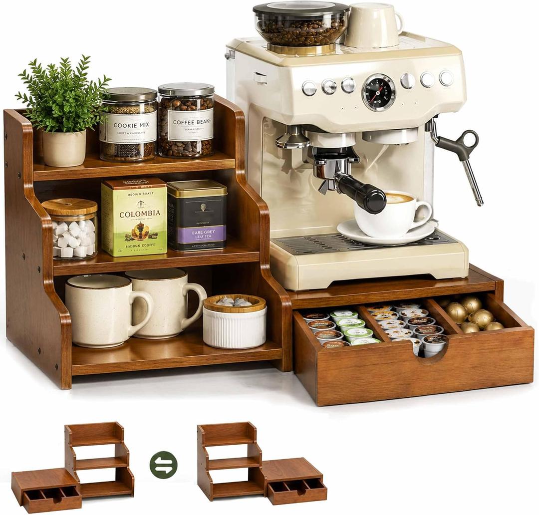 Coffee Station Organizer with K Cup Holder Drawer for Countertop, Coffee Tea Bar Accessories Office Corner Stand Station, 28 Pods Holder Drawer 3-Tier Trapezoidal Wooden Syrup Organizer Rack