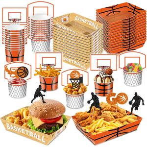 Basketball Party Snack Boxes Set, 96Pcs Basketball-Theme Party Supplies with Snack Bowls, Food Tray, Hoop Backdrop Cards and Glitter Cupcake Toppers for Basketball Birthday Party Decorations