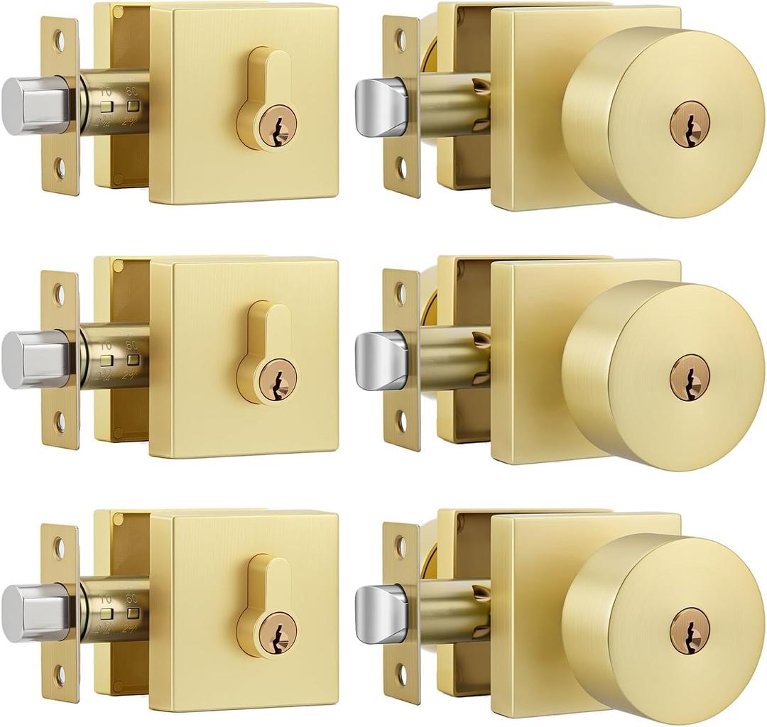 Goldenwarm Gold Exterior Door Knobs with Deadbolt, Zinc-Alloy Front Door Knobs and Deadbolt Set, Heavy Duty Brushed Gold Entry Door Lock Set - Single Cylinder, 3 Pack
