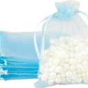 Organza Bags 3.5x4.7 Inch 50Pcs Sheer Small Mesh Drawstring Gift Bags for Sachet Party Favor Wedding Easter Baby Shower Birthday Mother's Day Graduation Jewelry Pouches Candy Soap Makeup, Blue