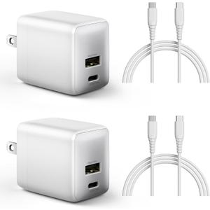 wegear USB C Fast Charging Charger, 30W Dual-Port GaN Nano Charger with Foldable Plug for iPhone 17/16/15 Series, iPad, Galaxy S24 Ultra and More Series, (White, 2 Pack & 2 Cable)
