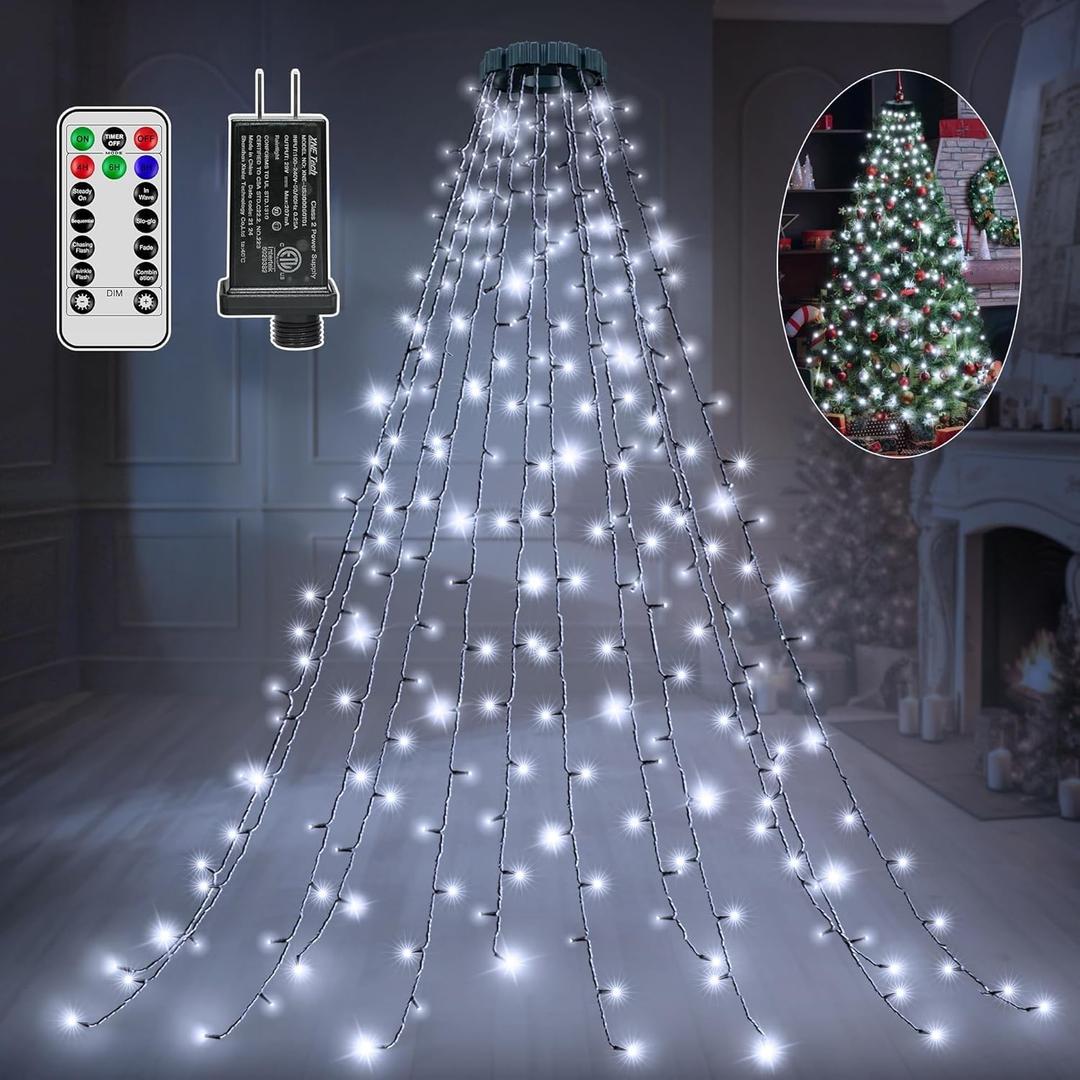 Christmas Tree Lights with Remote, 300 LED 8 Lights Modes with Timer& Memory Function, White Christmas Lights Waterproof for Outdoor Indoor Christmas Decorations