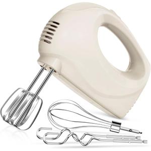 Handmixer Electric Handheld - 5 Speed Portable Kitchen Mixer Electric with 5 Stainless Steel Accessories Whisk, Food Beater for Whipping Mixing Cookies(Ivory)