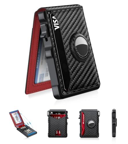 Airtag Wallet for Men, Mens Smart Wallet for Air Tag RFID Blocking, Minimalist Bifold Pop Up Aluminum Credit Card Case Holder 12+ Cards with ID Window, Gift for Men, No Airtag Included, Carbon Red