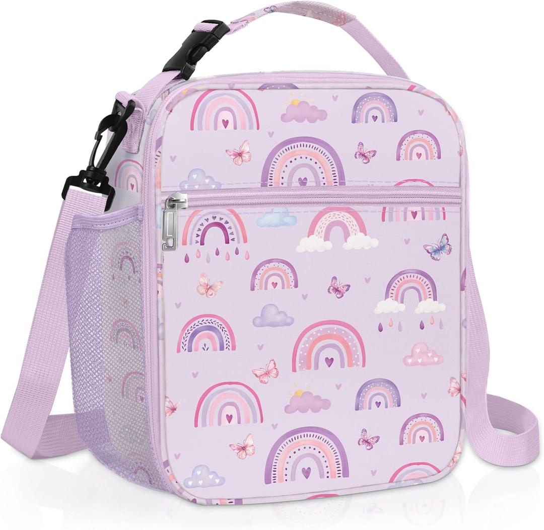 Clastyle Rainbow Insulated Kids Lunch Bag Large Thermal Cooler Bag for Girls Picnic School Toddler Lunch Box Tote,Purple