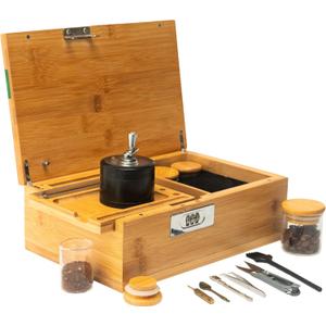 ALTA VIBES Large Bamboo Storage Box - With Lock, Smell Proof Jars, Tray - Grinder, Decorative Wooden Organizer, 4 Smell Proof Glass Jars & Accessories (Green)
