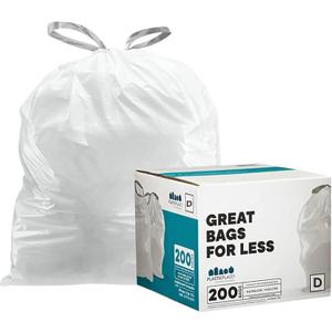 Plasticplace Trash Bags, Compatible with simplehuman Code D (200 Count) White Drawstring Garbage Liners 5.3 Gallon / 20 Liter, 15.75" x 28"