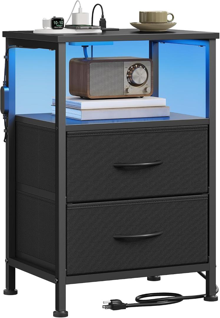 SONGMICS BELLAH Collection - Nightstand with Charging Station and App-Controlled Adjustable LED Lights, Bed Side Table, 2 Drawer and 1 Open Shelf, Bedroom, Ink Black and Ebony Black ULGS302BH01S, 11.8" X 15.6" X 23.8"