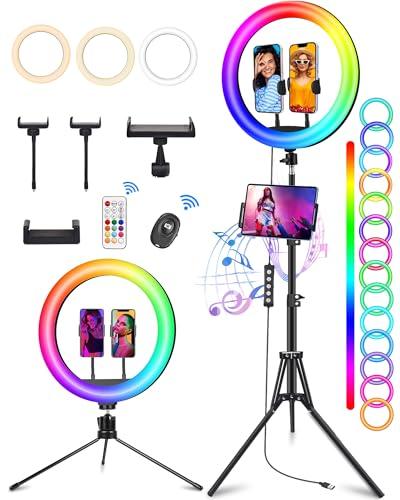 STALLY 13.3" Ring Light with Stand, Music Mode, 75" Tall with 3 Phone Holder, 3 CCT Modes & 48 RGB Color Modes, Ring Light Tripod for iPhone with Wireless Remote, Great for Photograph/Makeup/TikTok