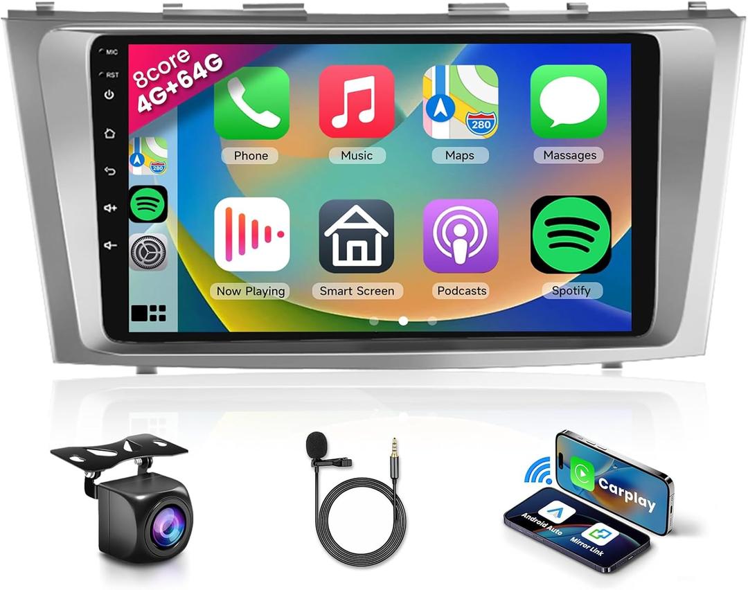 8 CORE 4G+64G Car Radio for Toyota Camry 2006-2011 with Wireless CarPlay/Android Auto, Podofo 9 Inch 1280 * 720P IPS Touch Screen Stereo Android 13 GPS WiFi Bluetooth DSP SWC+HD Backup Camera