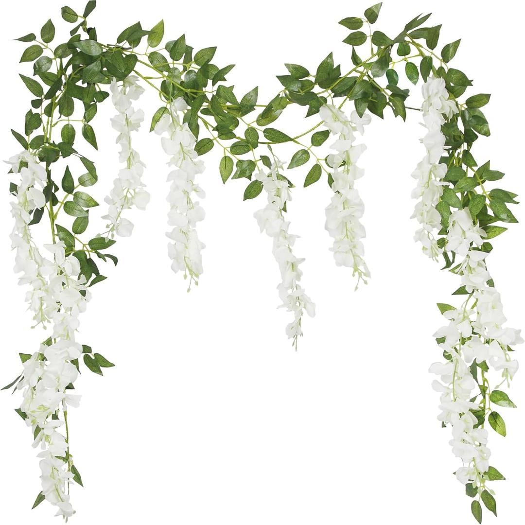 2 Pcs Wisteria Garland Artificial Flowers Wisteria Hanging Flowers Garland White 12 Ft Fake Greenery Silk Hanging Flower Vines for Wedding Arch Party Baby Shower Outdoor Indoor Ceremony