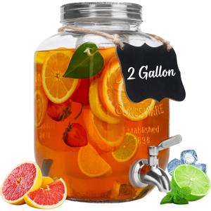 2 Gallon Glass Beverage Dispenser with Lid, Stainless Steel Spigot, Glass Drink Dispensers for Parties, Lemonade Dispenser With Ice Cylinder for Weddings, Party,Sun Tea Jar, Water Juice Dispensers
