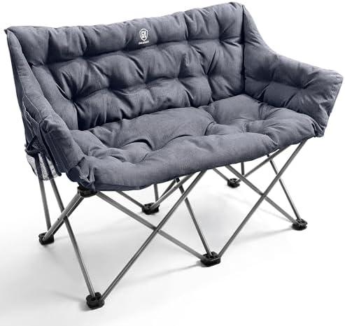 EVER ADVANCED Double Camping Chair for Adults, Padded Folding Camping Love Seat Bench with Side Pocket Portable Camping Couch, Two Person Heavy Duty Folding Outdoor Chair with Cushion,Support 600lbs