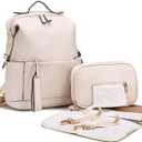 Diaper Bag Backpack Leather Backpack for Women Travel Baby Bag Mother Outdoor Backpack with Changing Pad Stroller Straps(2 pieces) White