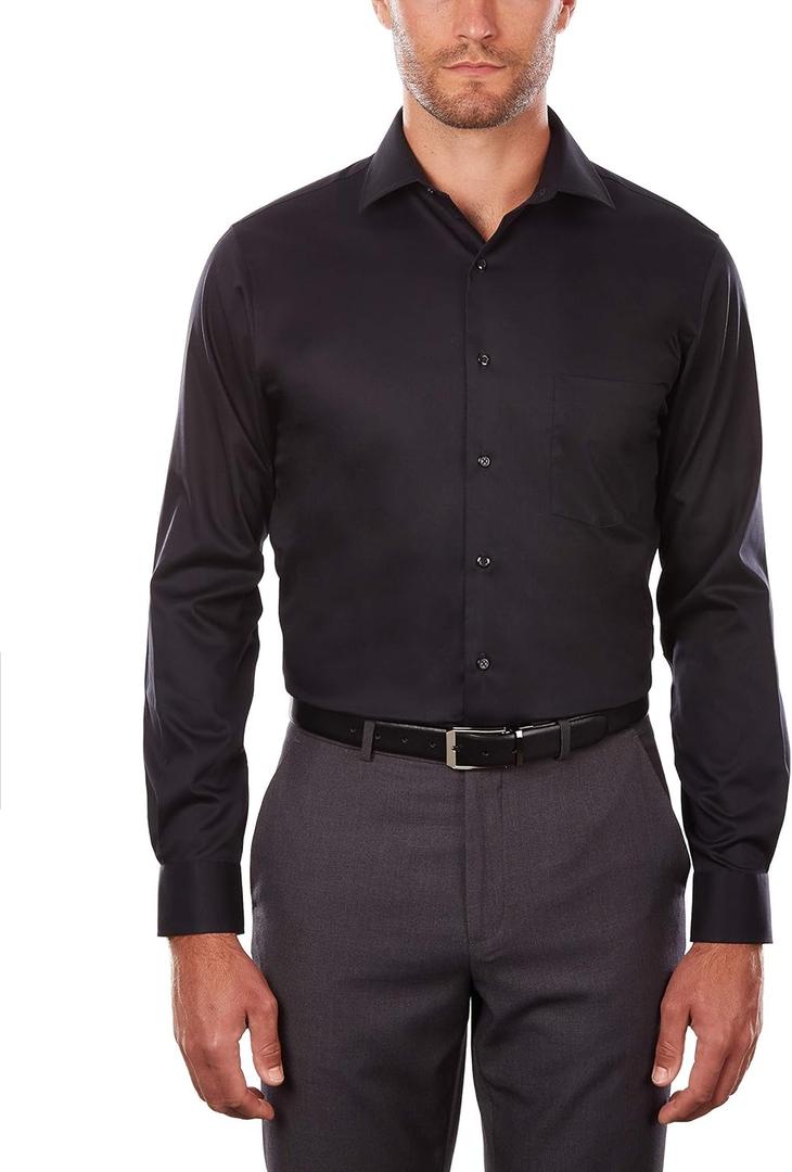 Van Heusen Men's Dress Shirt Regular Fit Flex Collar Solid (17" Neck 34"-35" Sleeve, Black)