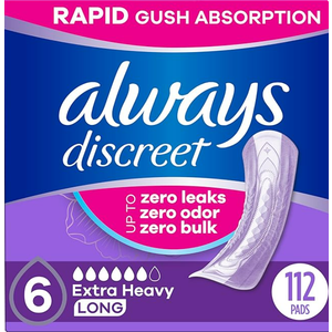 Always Discreet Adult Incontinence Pads for Women, Extra Heavy Absorbency, Long Length, Postpartum Pads, 112 CT